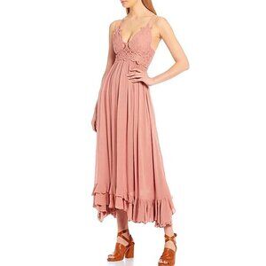Free People Medium Crochet Lace Maxi Slip Dress Rose Pink Strappy Back Gauze NWT